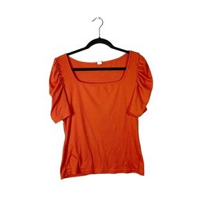 H&M Red Orange Fitted Stretchy Business Casual Short Sleeve Blouse Size Large